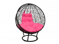 Кресло Кокон Круглый на подставке ротанг каркас чёрный-подушка розовая