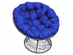 Кресло Папасан с ротангом каркас серый-подушка синяя